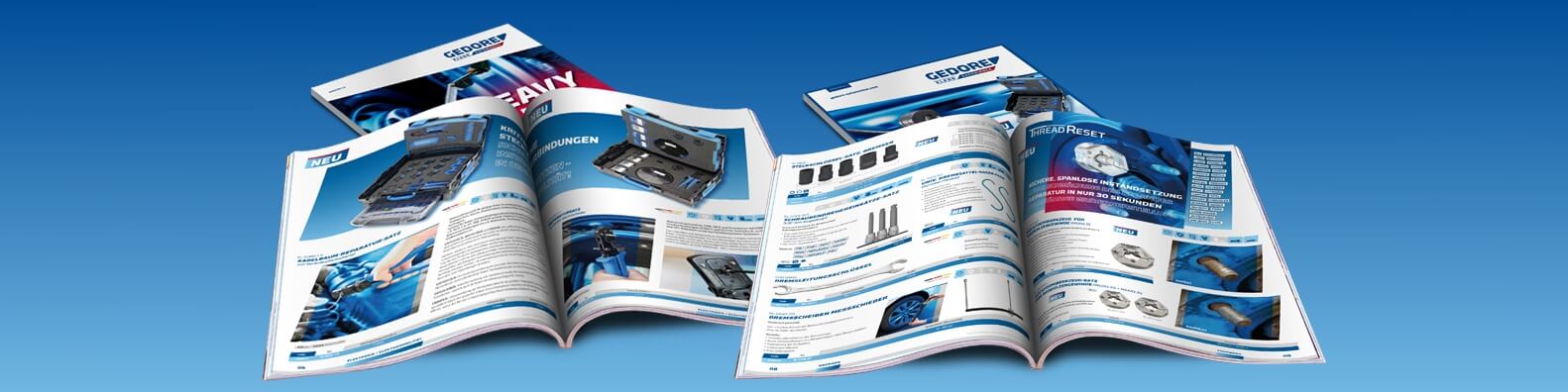 Multiple product catalogs presented on a uniform blue background.